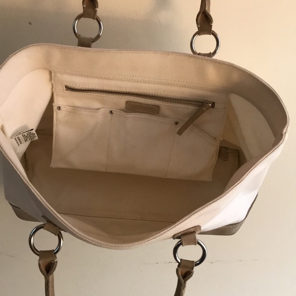 Banana Republic tote Coastal Grandma white canvas tan suede top handle beach bag - Picture 3 of 11